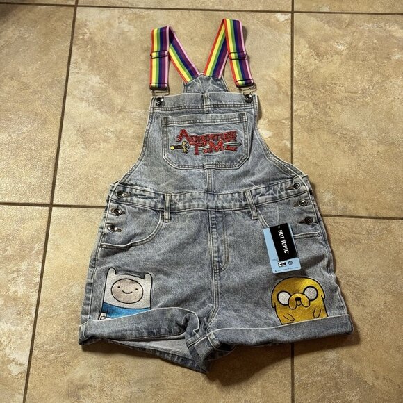 Adventure Time Rainbow Straps Denim Shortalls MEDIUM Jake Finn BMO New - Picture 1 of 14